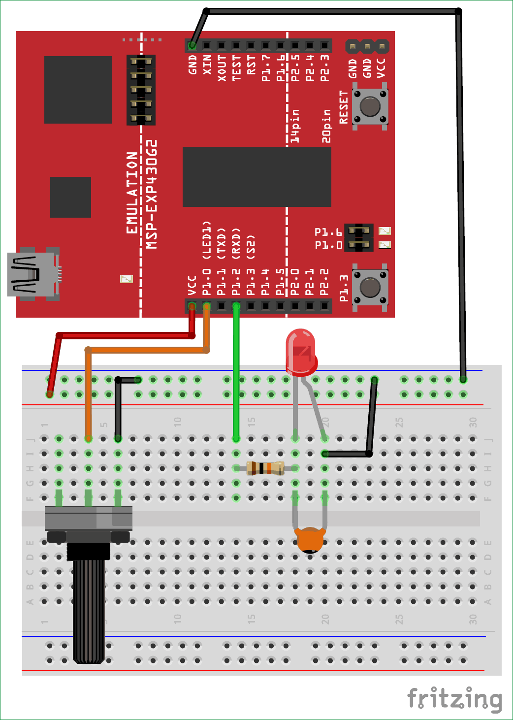 Circuit diagram for generating Pulse width Modulation (PWM) using MSP430G2 and Controlling Brightness of LED