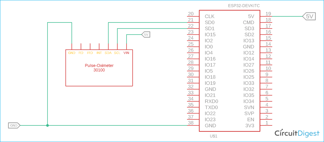 Interfacing MAX30100 Oximeter with ESP32 Schematic