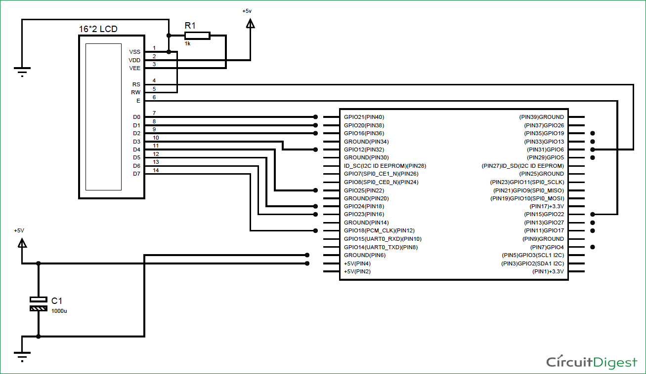 Raspberry Pi LCD Interfacing Circuit Diagram