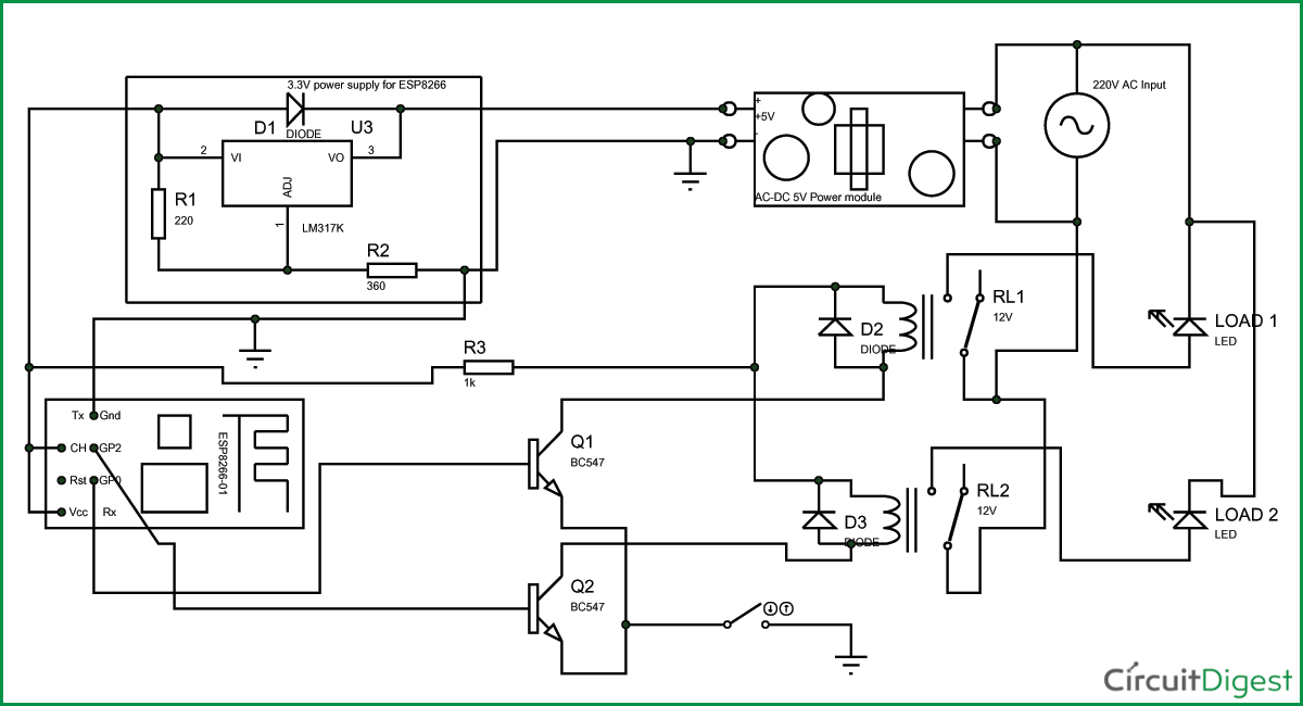 Circuit Diagram for Smart Junction box for Home Automation using ESP8266