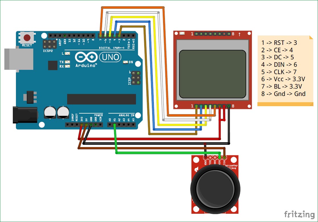 Space Race Game Circuit diagram using Arduino and Nokia 5110 Graphical Display