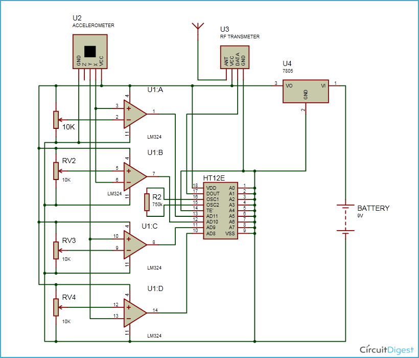 Gesture Controlled Robot Transmitter Circuit Diagram