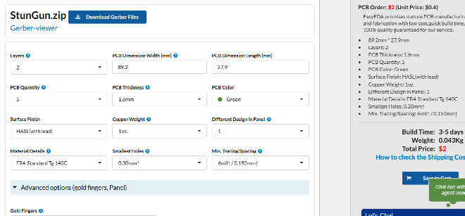 ordering stun gun circuit pcb from easyeda
