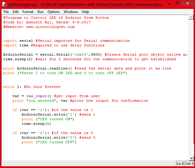 python program for controlling LED with arduino