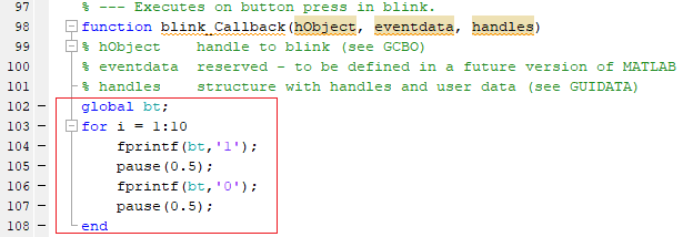 Blinking LED by sending data via bluetooth from MATLAB to Arduino