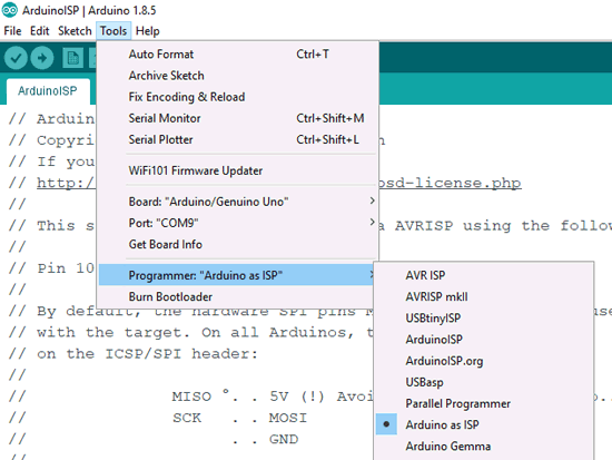 Set Programmer to Arduino as ISP for programming Atmega328