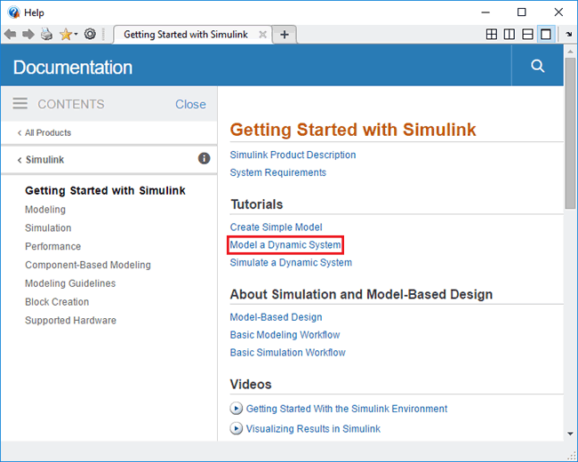 Tutorial for Model a Dynamic System in Help Browser
