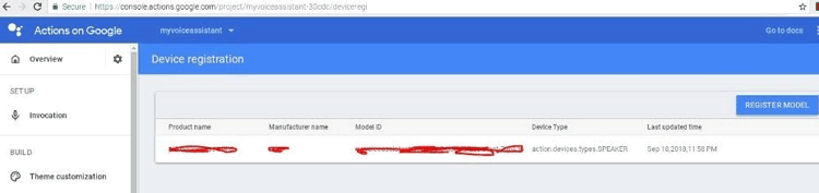 Your model is registered on google developer console