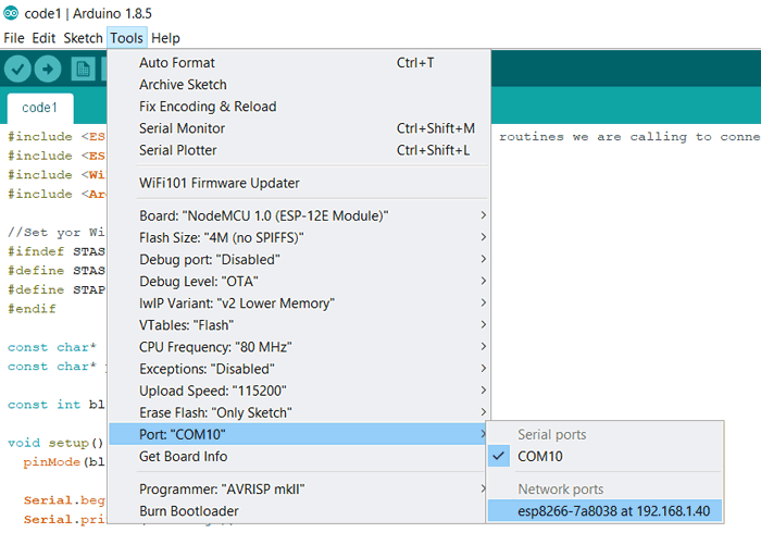 ESP8266 Blinking LED program for OTA Transfer