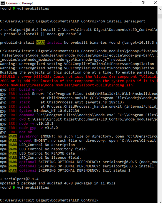 Installing Johnny Five Serial Port Library