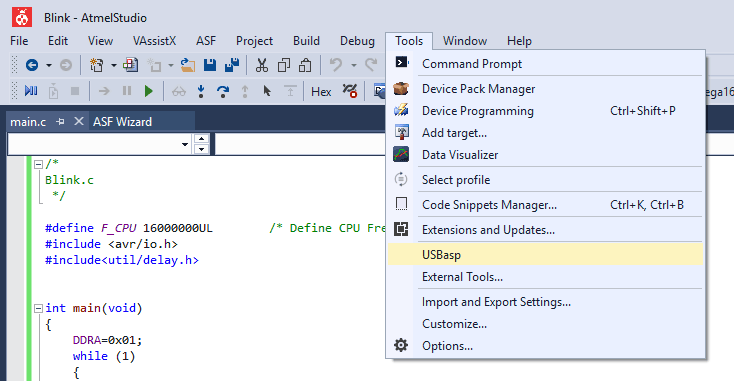 Open Tools on Atmel Studio 7 for Programming AVR Microcontroller Atmega16