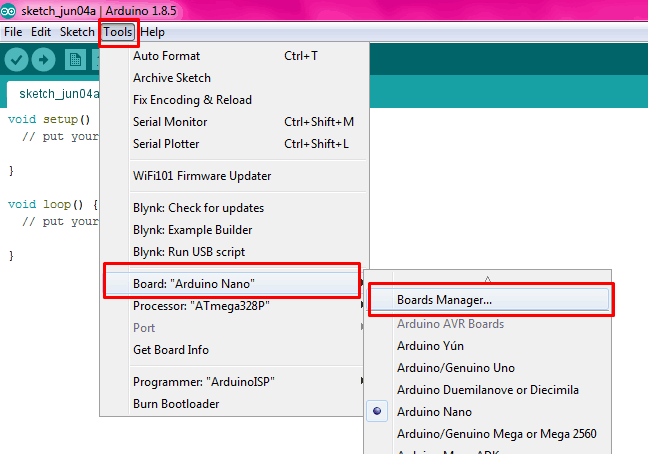 Select Board Manager for Programming ATtiny13 using Arduino