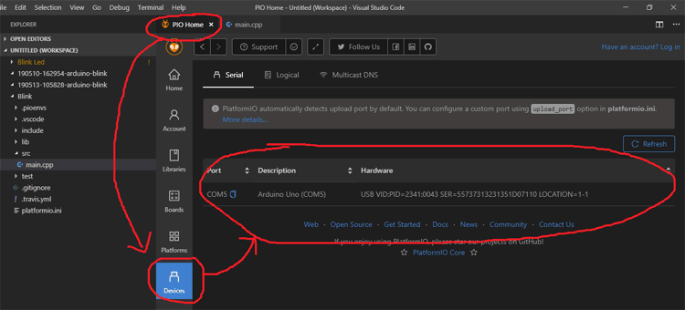 Select Port for Particle IO Project for Arduino UNO