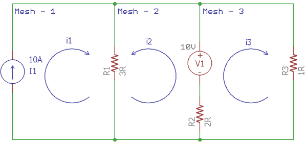 Solving Three Meshes using Mesh Current Analysis