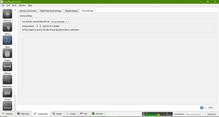 Arming Settings on LibrePilot GCS