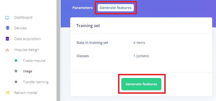 Generate Features on Impulse Page on Edge Impulse Studio