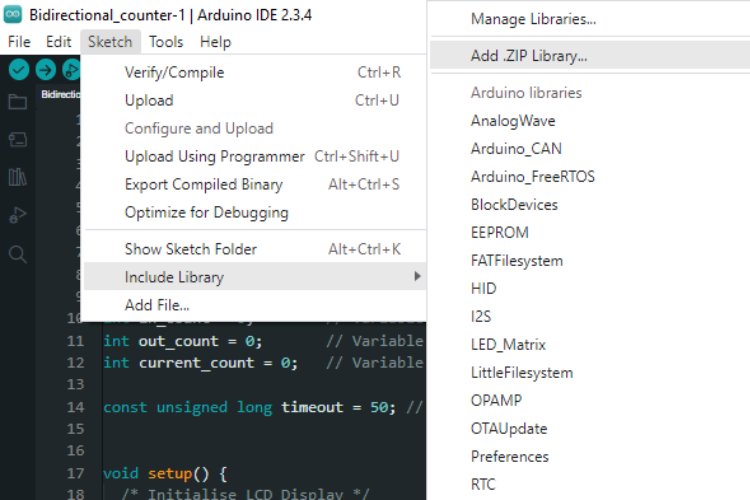 Adding LiquidCrystal_I2C.h Library for Wiring Bidirectional Counter System Project