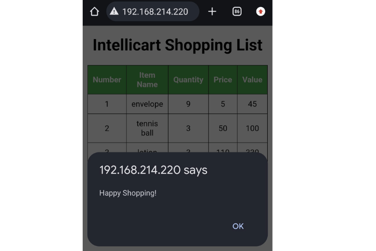 IntelliCart Shopping List Notification UI