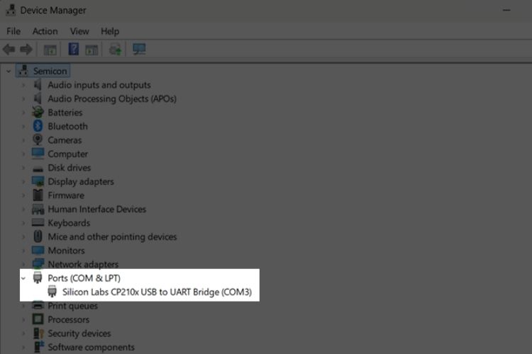 Port Details Shown in Device Manager