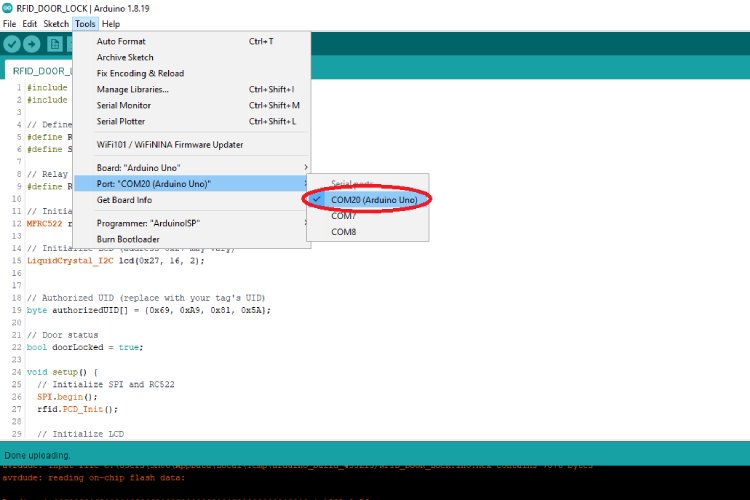 Selecting the USB port of Arduino UNO board.