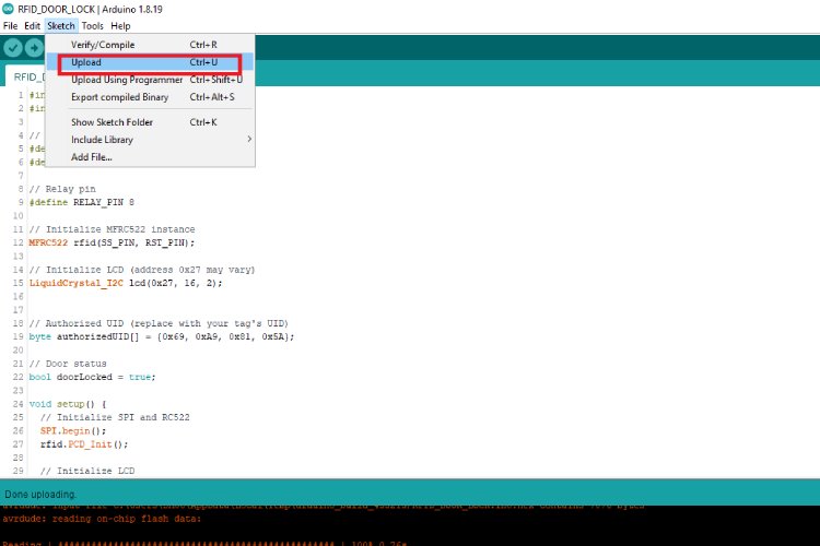 Uploading RFID Door Lock System Code into Arduino