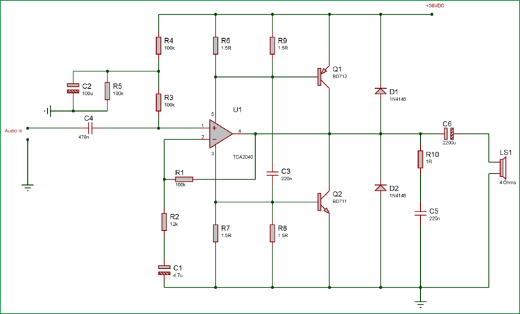 40 Watt Audio Amplifier using TDA2040 and Transistor Pair